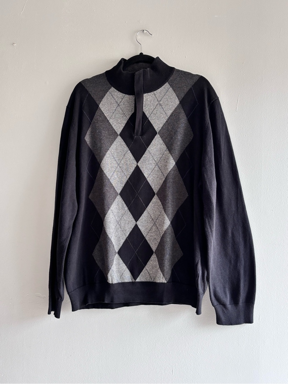 Tasso Elba Men 1/4 Zip Mock Neck Argyle Knit Sweater Black/Gray Size L preppy